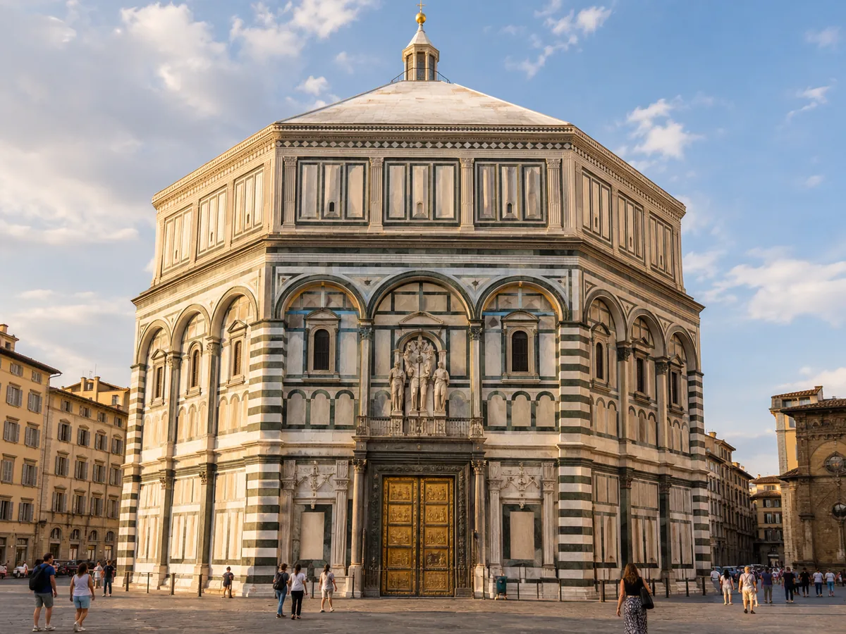 Illustration of the octagonal marble Baptistery of San Giovanni with a gilded bronze door